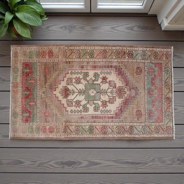 1970s Vintage Hand-Knotted Small Rug Muted Color Organic Wool Doormat Entry Decor 2x3 Ft Approx For Sale - Image 4 of 14