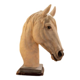 Mid 20th Century Vintage Plaster Horse Head Sculpture Bust on Wood & Slate Base For Sale