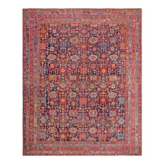 1900s Blue Navy Harshang Tribal Antique W. Persian Bijar Rug 11'8" X 14'2" Handknotted Wool Carpet For Sale