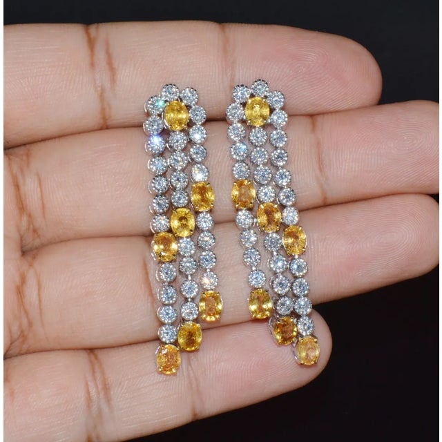 Certified Natural 8.96CTS VS F Diamond Yellow Sapphire 18K Solid Gold Dangle Earrings, A Pair For Sale - Image 9 of 10