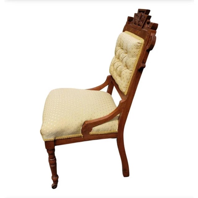 Wood Antique Victorian Walnut Upholstered Tufted Parlor Chair, Circa 1880s For Sale - Image 7 of 10