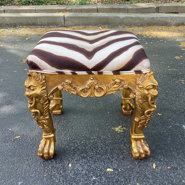 Mid 20th Century Hollywood Regency Giltwood Stool With Figural Carved Legs and Ralph Lauren Zebra Upholstery For Sale - Image 4 of 10