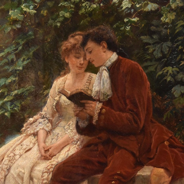 Auguste Hadamard, Young Lady and Gentleman, Gallant Scene, Oil on Canvas, 19th Century For Sale - Image 4 of 11