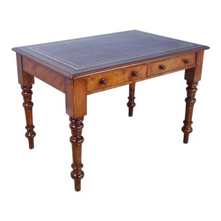 Antique English Mahogany Leather Topped Writing Desk with Turned Legs For Sale