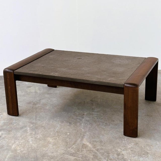 Vintage Belgian Modern Brutalist Oak and Fossil Slate Coffee Table, 1970s For Sale - Image 9 of 16