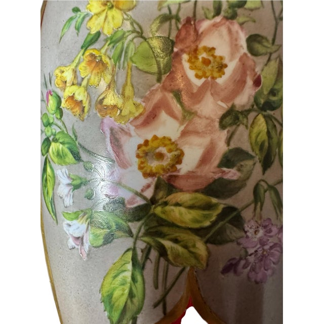 1900 - 1909 Antique Bohemian Cranberry Cut Glass Vase With Hand-Painted Enamel Flowers, Overlay, and Gilt. 12.75” Early 1900s Romantic Victorian For Sale - Image 5 of 12