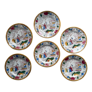 Antique Hand Painted Chinoiserie Plates Staffordshire England - Set of 6