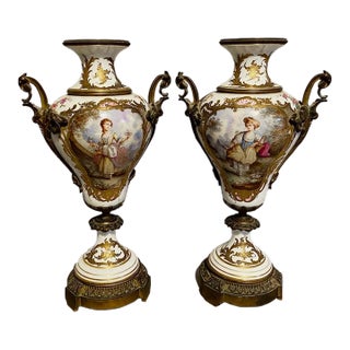 Pair 19th Century French Louis XVI Sevres Porcelain Bronze Vases For Sale