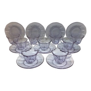 Art Deco Lafayette Wisteria Glass Cups and Saucers by Fostoria - Set of 9 For Sale