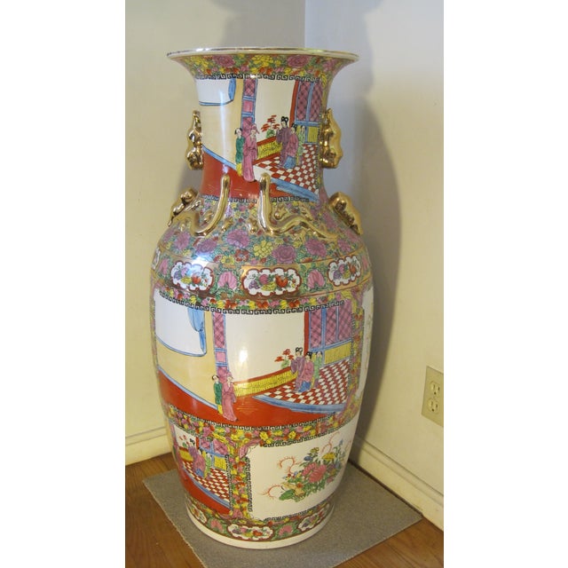 Mid 20th Century Set of Two Large Chinese Famille Rose (Canton-Style) Porcelain Floor Vases For Sale - Image 5 of 9