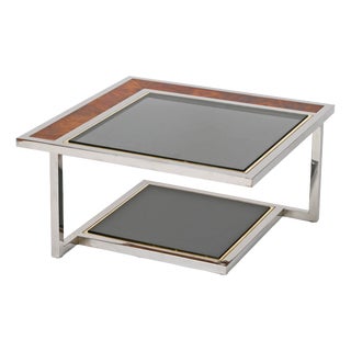 Coffee Table in Chrome, Brass, Burl Wood, and Smoked Glass, Italy, 1970s For Sale
