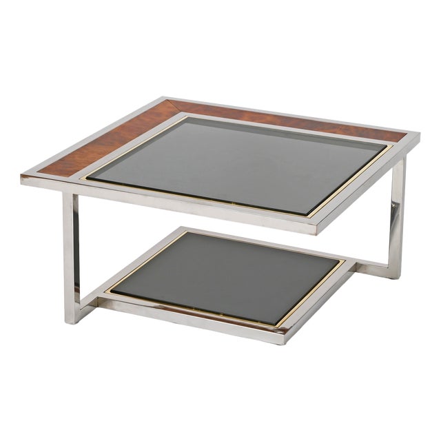Coffee Table in Chrome, Brass, Burl Wood, and Smoked Glass, Italy, 1970s For Sale