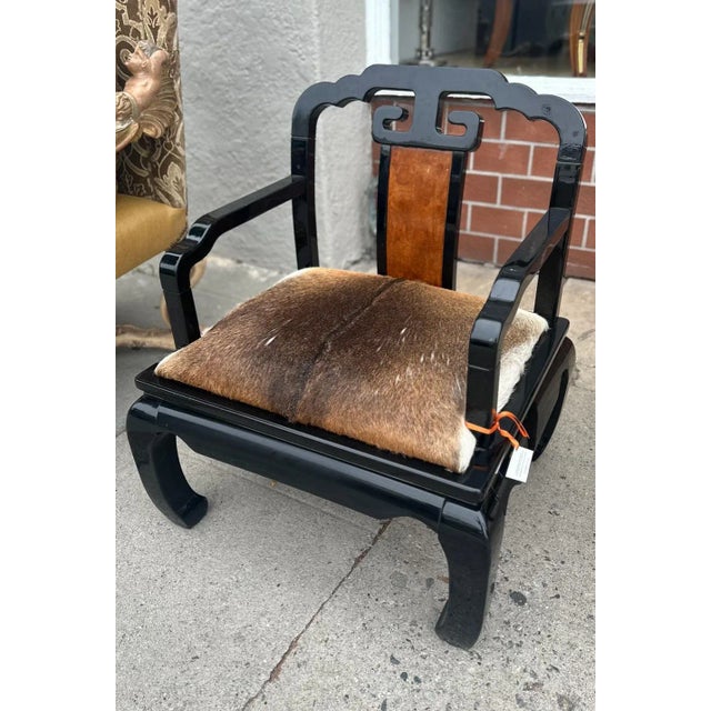 Art Deco Vintage Chinese Ming Style Black Lacquer & Cowhide Arm Chair For Sale - Image 3 of 5