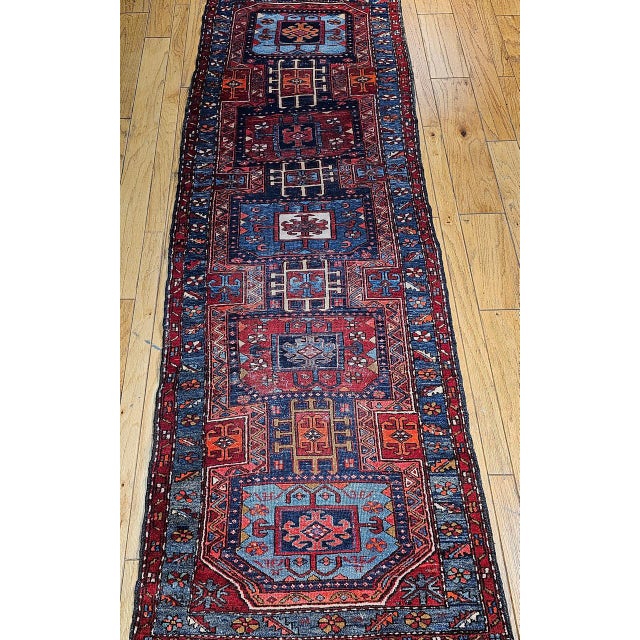 Textile Antique Northwest Persian Runner Rug, Hand-Knotted Wool, Geometric Medallions Pattern, 3x10, Blue & Red For Sale - Image 7 of 15