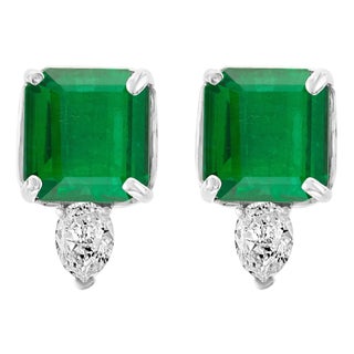 8 Carat Emerald Cut Emerald Diamond Stud Earrings 18 Karat Gold For Sale