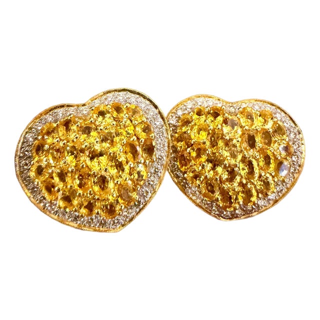 12 Ct Natural Ceylon Yellow Sapphire & 2 Ct Diamond Stud Heart Earrings 18 KYG For Sale