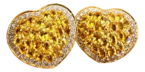 12 Ct Natural Ceylon Yellow Sapphire & 2 Ct Diamond Stud Heart Earrings 18 KYG