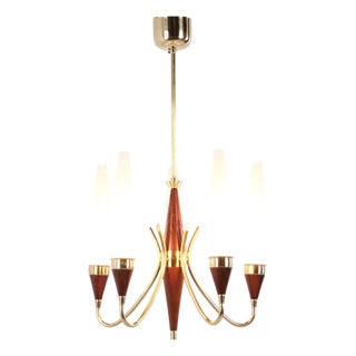 5-Arm Chandelier in Brass and Teak with Opal Glass by Bent Karlby for Lyfa 1960s For Sale
