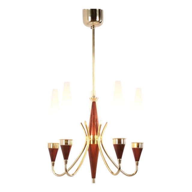 5-Arm Chandelier in Brass and Teak with Opal Glass by Bent Karlby for Lyfa 1960s For Sale