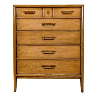 1960s Mid Century Modern 5 Drawer Walnut Meridian Collection Highboy by Drexel For Sale