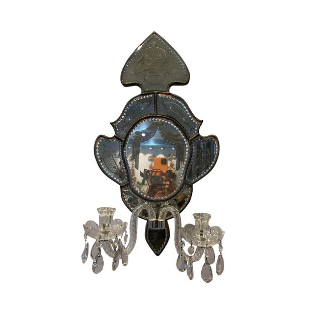 Late 19th Century Late 19th Century Antique Venetian Two Arm Silver Mirrored Candle Sconces With Etching - Set of 2 For Sale - Image 5 of 12
