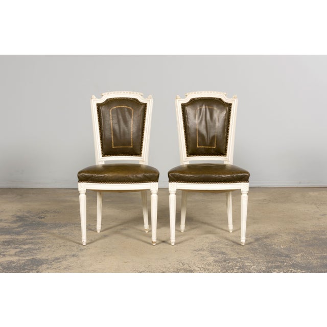 French Antique French Louis XVI Style Painted Chairs With Olive Green Leather - A Pair For Sale - Image 3 of 18