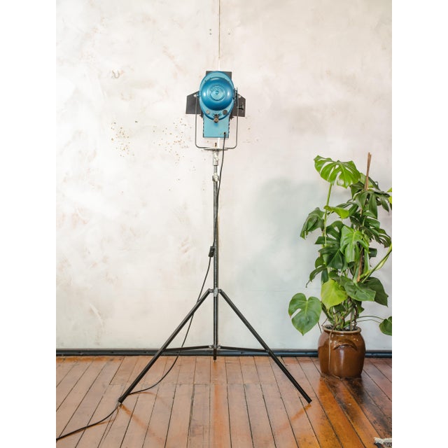 Blue Fresnel Theater Spotlight Floor Lamp on Matching Steel Tripod from A.E. Cremer, Paris, 1950s For Sale - Image 17 of 18