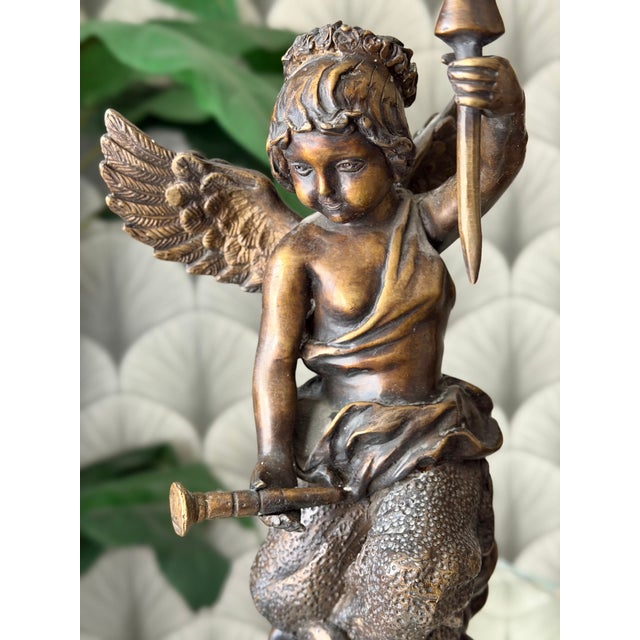 Art Nouveau Antique Art Nouveau Brass Bronze Cherub Cupid Angel Candlestick Holder Sculptures - A Pair For Sale - Image 3 of 18