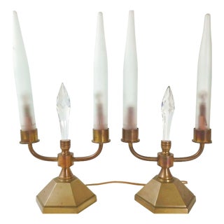 Vintage Brass and Glass Candle Lamps, 1950s, Set of 2 For Sale