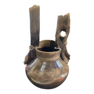 Vintage Organic Raku Studio Art Pottery Vase Signed For Sale