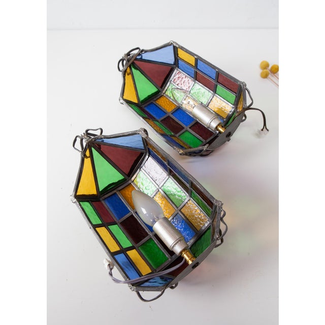 Lead and Stained Glass Wall Sconces, 1970s, Set of 2 For Sale - Image 4 of 10