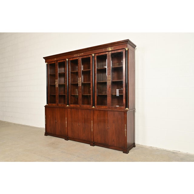 French Baker Furniture Style Monumental French Empire Mahogany Breakfront Bookcase Cabinet With Mounted Ormolu For Sale - Image 3 of 13