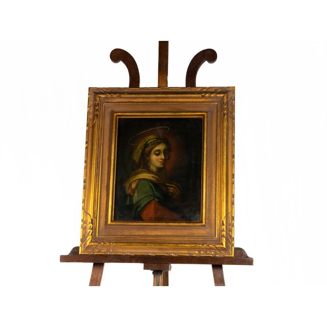 This 17th-century Baroque painting, in oil on copper, captures a serene portrayal of the Immaculate Conception, draped in...