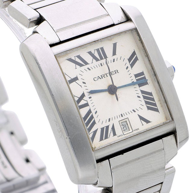 1990s Cartier Tank Francaise 2302 Large Steel Guilloche Roman Dial Blue ...