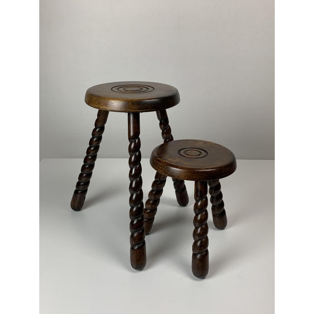 Mid-Century Modernist French Brutalist Wood Turned Tripod Stools, 1950s, Set of 2 For Sale - Image 15 of 18