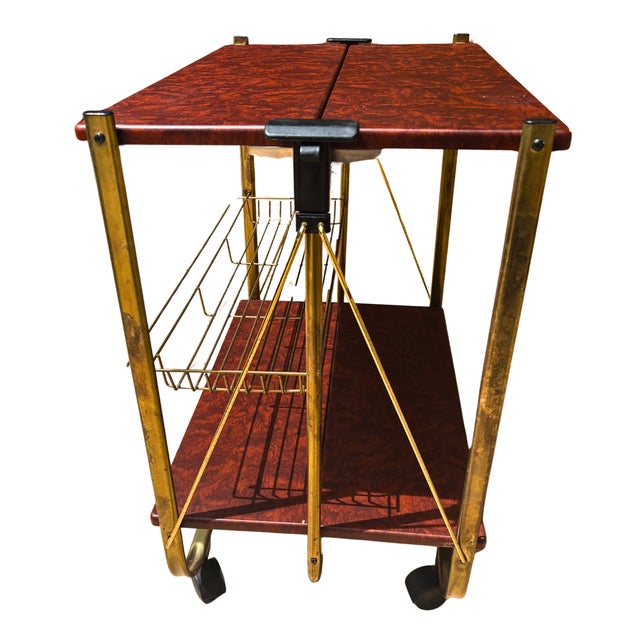 Metal Vintage Folding Bar Cart in Brass and Faux Burl Wood, 1970s For Sale - Image 7 of 9