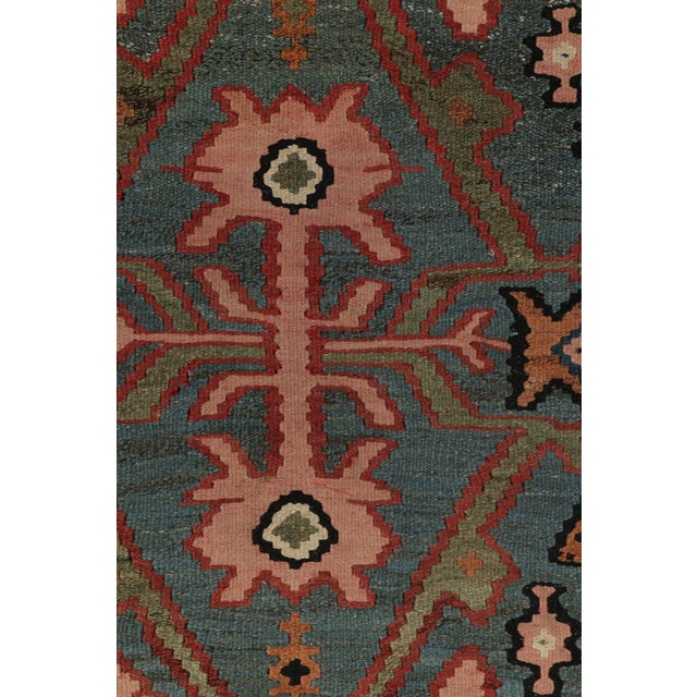 Tribal Antique Bidjar Kilim in Red With Blue and Beige Tribal Medallions, Pink Accents For Sale - Image 3 of 8
