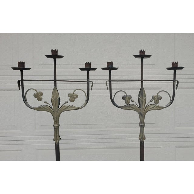 Pair of 1920s Antique Wrought Iron Torchiere Candelabras Floor Candle Stands For Sale - Image 9 of 12