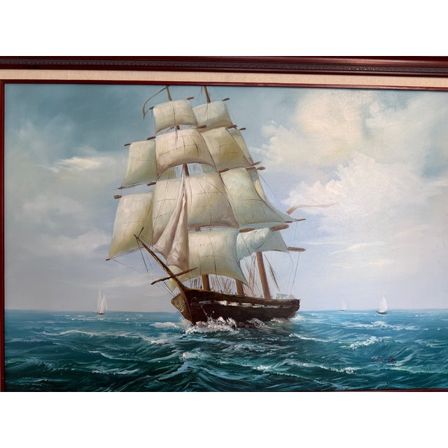 Late 20th Century Charley - Original Marine Oil Painting Tall Ship on Open Sea Nautical Seascape For Sale - Image 9 of 11