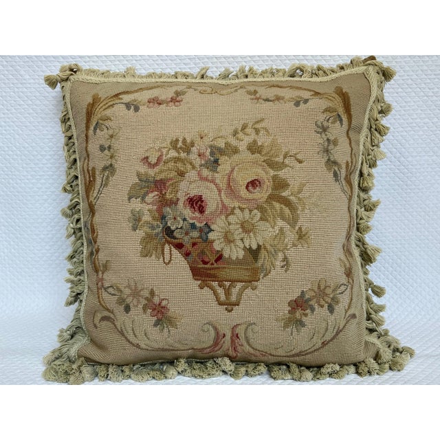 Timeless needlepoint pillow from Chelsea Textiles with inviting, relaxing colors. Classic Floral arrangement with compote...