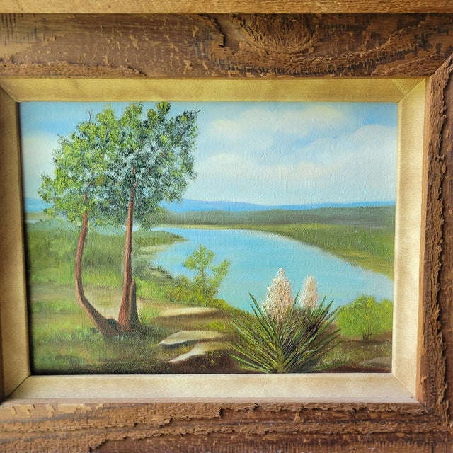 Vintage Original Acrylic Framed Still Life Painting Landscape Serene Yucca Trees River For Sale - Image 14 of 18