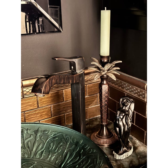 Gray Maitland Smith Style Enameled Metal Palm Tree Candle Holder For Sale - Image 8 of 9