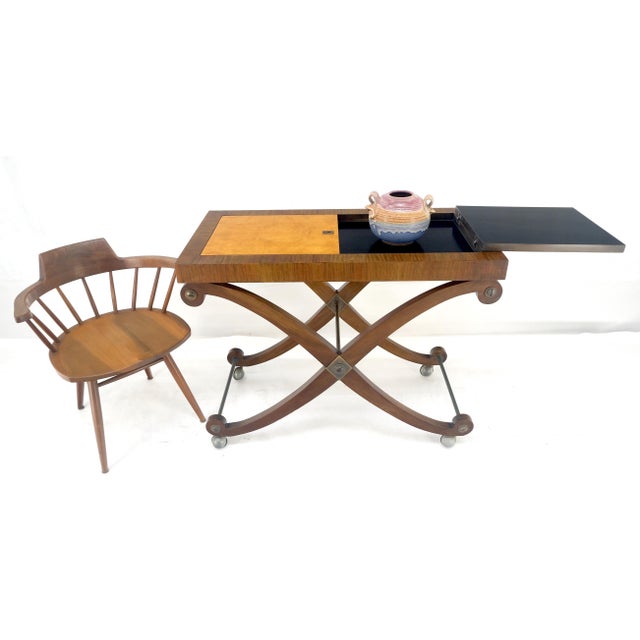 Lift Top Two Tone Elegant X Shape Base Serving Cart Table on Wheels For Sale - Image 6 of 10