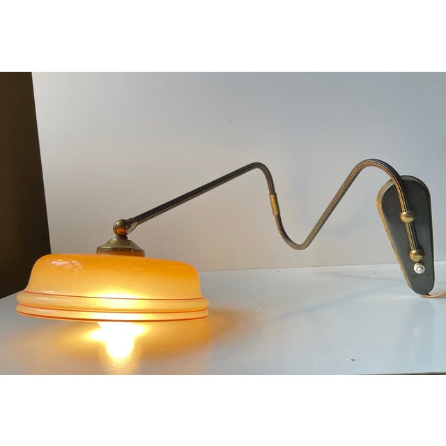 Modern Danish Adjustable Brass Swing Arm Wall Light with Striped Glass Shade, 1960s For Sale - Image 10 of 12