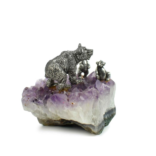 Stunning pewter mama bear and two cubs figurines on natural organic purple amethyst quartz stone. It is one of kind piece...