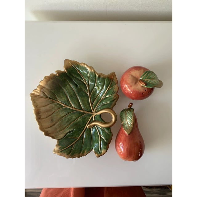 Fitz and Floyd Vintage Fitz & Floyd Apple Pear Salt and Pepper Shakers With Leaf Serving Dish Set- 3 Pieces For Sale - Image 4 of 11