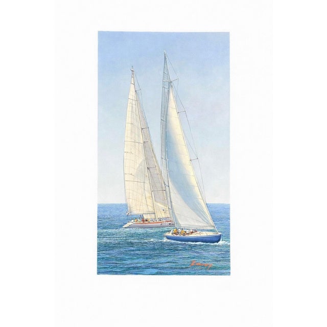 Elegant original maritime painting by F. Tailroy depicting two racing sailboats under full sail gliding across calm blue...