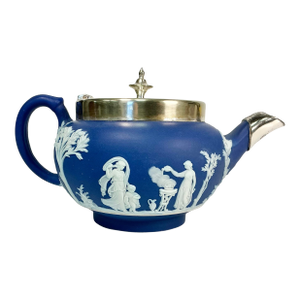 Early 20th C Antique English Chippendale Wedgwood Sterling Silver Hellenic Porcelain Tea Pot.