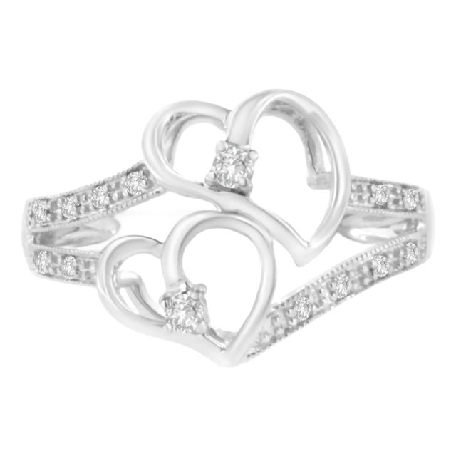 14KT White Gold 1/10 cttw Diamond Twin Heart Ring - Size 6.5 For Sale