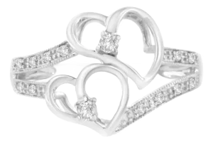 14KT White Gold 1/10 cttw Diamond Twin Heart Ring - Size 6.5